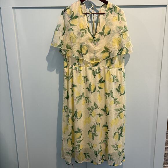 NWT Lemon Print Midi Dress Women 18 Yellow Vero Moda Curve Sheer Flutter Sleeve - Picture 1 of 16